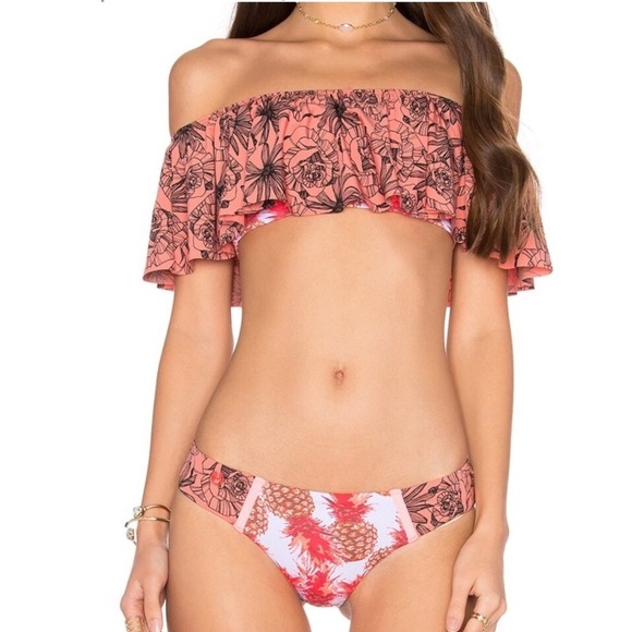 Maaji Bikini Beach Off Shoulder Pink Ruffle Yellow Pineapple Swimsuit Womens S/M - Picture 1 of 9